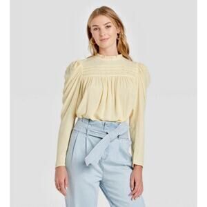 A New Day Yellow Long Sleeve Pintuck Top/Blouse, Medium0